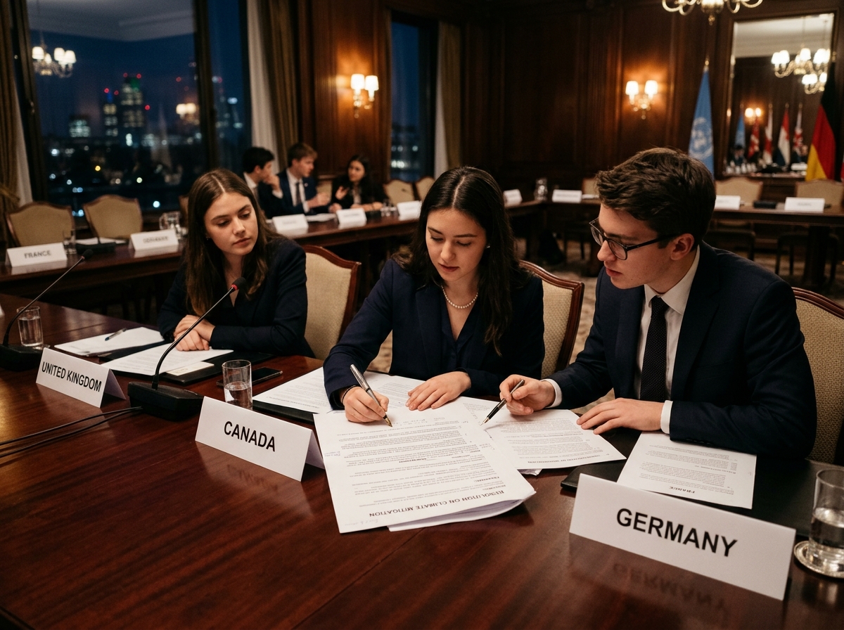 Model United Nations delegates drafting international resolutions